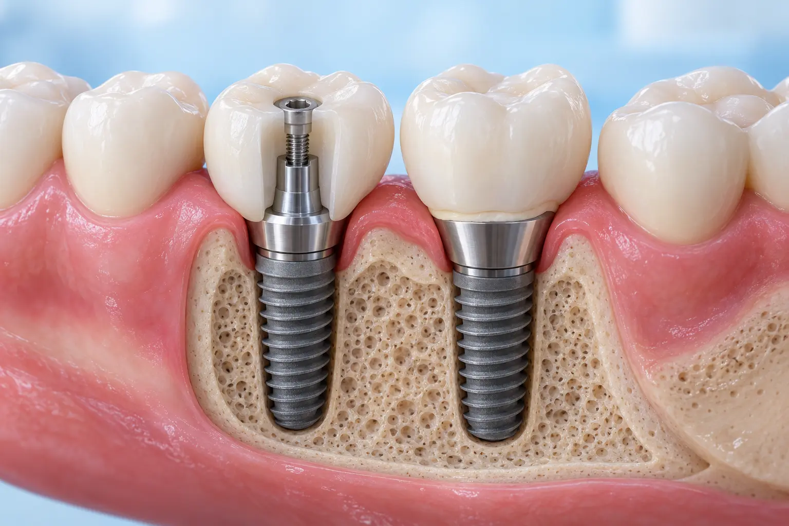 Cross-section of a screw-retained and a cement-retained implant crown